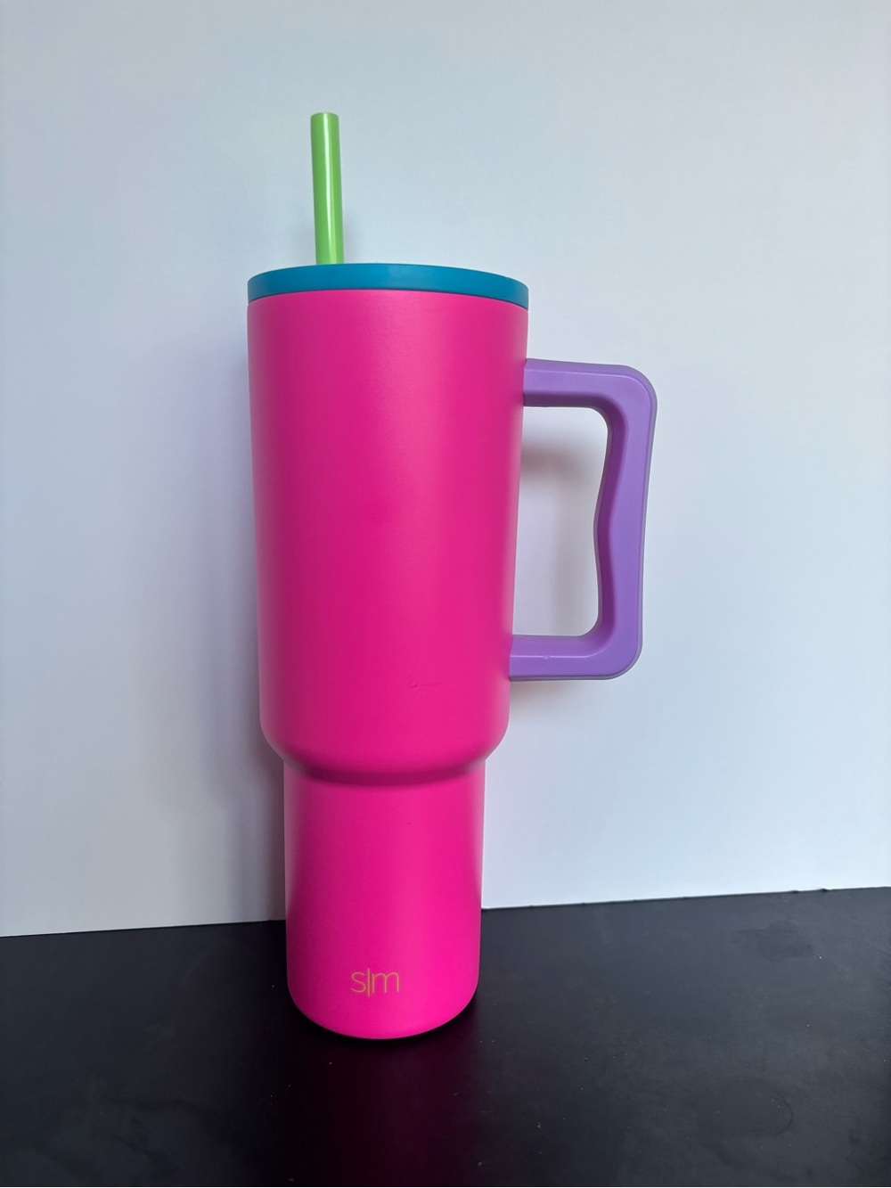 Bright Pink Insulated Tumbler with Purple Handle & Teal Rim
